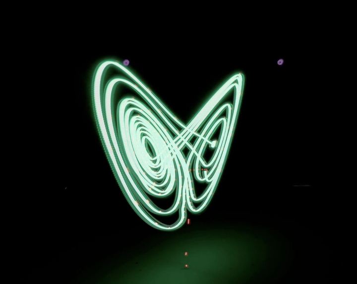 Long exposure of a drone flying the Lorenz attractor, using a trajectory-following controller I wrote.